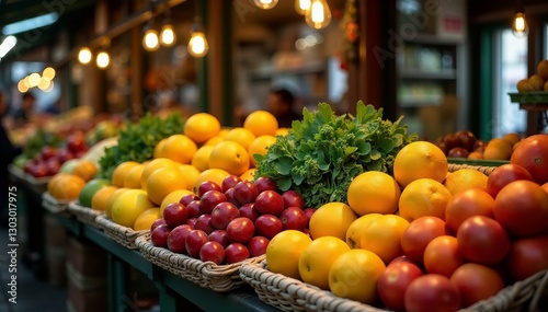 Fototapeta Naklejka Na Ścianę i Meble -  Traditional Greek produce market with fresh fruits, produce, vendors, vibrant
