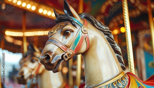 Close-Up Of Horses On A Classic Carousel - A Detailed Look At The Beautiful Vintage Carousel Horses In Action.