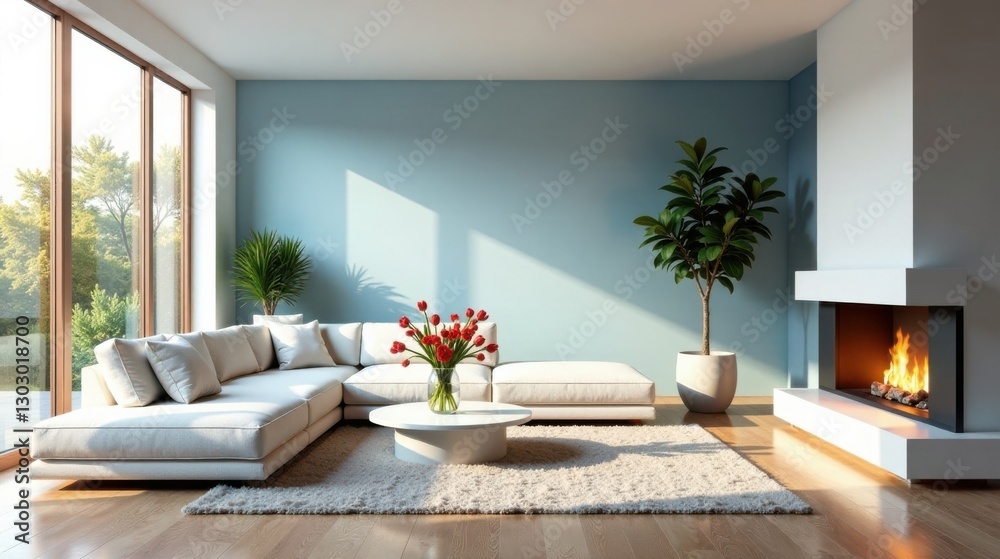 Fototapeta premium Modern Sectional Sofa in a Light and Airy Living Room with a Cozy Fireplace and Natural Light