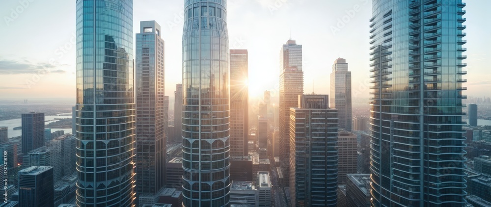 Obraz premium Modern city skyline from high-rise view, glass skyscrapers reflecting warm golden sunlight, urban architecture in cool gray and blue tones, deep perspective with layered buildings, vibrant