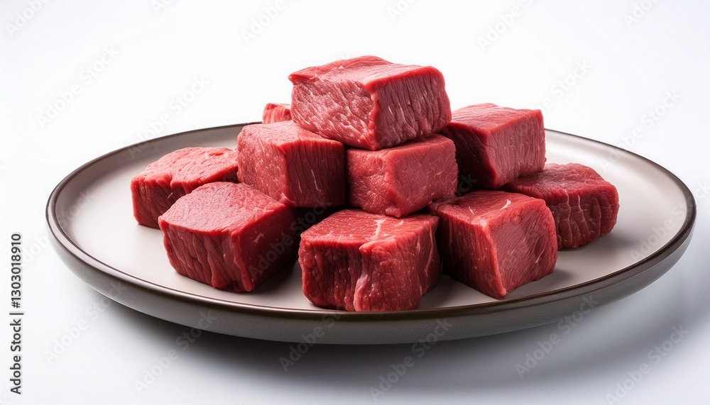 raw premium grass-fed australian beef cubes on a plate in white background for product display hero image raw premium grass-fed australian beef cubes on a plate in white background for product display hero image