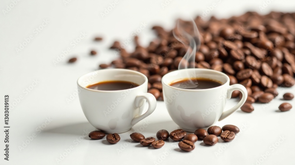Two steaming cups of freshly brewed coffee alongside a scattering of roasted coffee beans on a pristine white surface. Two steaming cups of freshly brewed coffee alongside a scattering of roasted coffee beans on a pristine white surface.