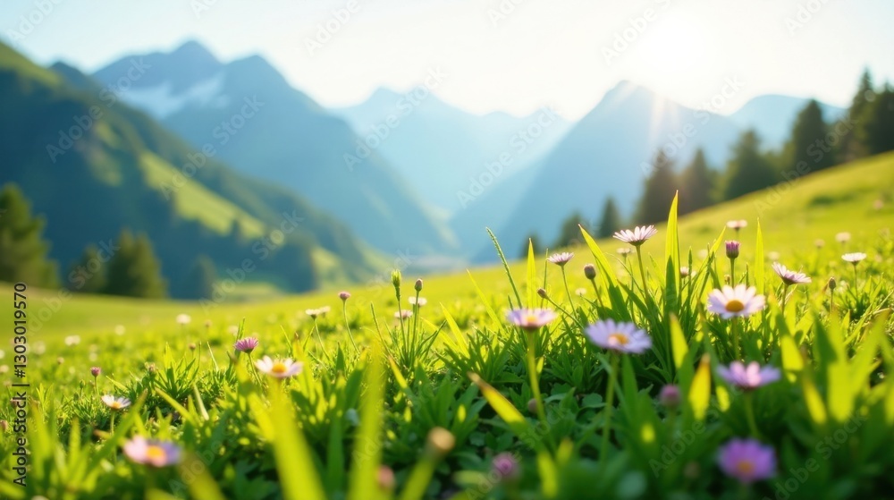 Fototapeta premium Serene Meadow Landscape with Delicate Wildflowers Basking in Golden Sunlight, Mountain Panorama in Soft Focus