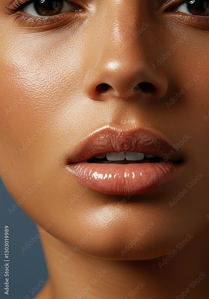 Obraz premium Glossy Lips and Glowing Skin Close-Up | Natural Makeup Micro Portrait
