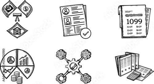 Business finance sketches with documents, charts, and money symbols.