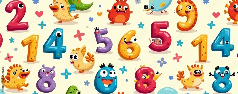 Playful cartoon numbers seamless pattern for children's learning materials, school, mathematics, colorful
