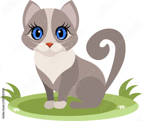 Cute animals. Vector cats. A cute gray kitten is sitting on the grass. Vector animals collection. Children flat vector illustrations.