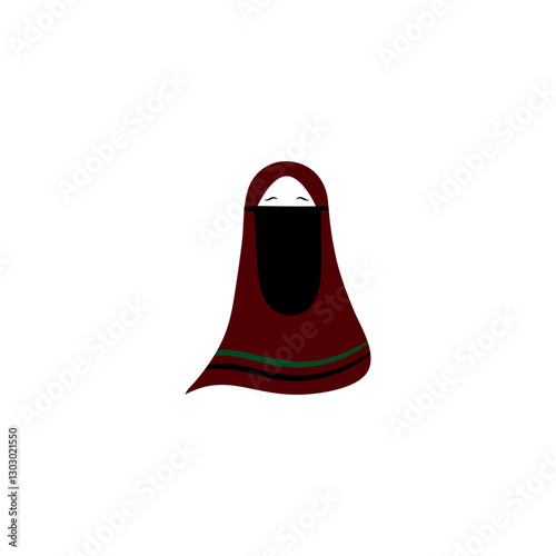 The niqab hijab is dark red on a white background