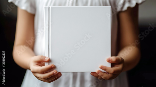  A young child holds a blank white square hard cover children's book