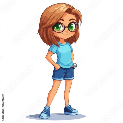 Create a superhero type avatar of an 7 year old girl who is about to embark on a series of challenges. Straight light brown hair in a long bob hairstyle. 