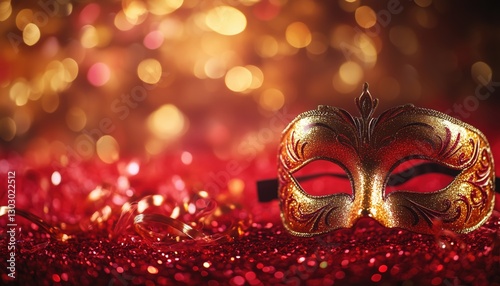 Venetian Mask Carnival Party: Red Glitter, Shiny Streamers, And Abstract Defocused Bokeh Lights Create A Festive Atmosphere photo