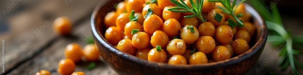 Roasted chickpeas with fresh rosemary in rustic bowl on wooden table, snack, roasted, appetizer Roasted chickpeas with fresh rosemary in rustic bowl on wooden table, snack, roasted, appetizer