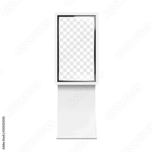 LCD monitor TV stand. Front view. 3d mockup. Video digital display billboard banner or interactive touch screen self-service kiosk on metal base. Realistic vector mock-up. Easy editable template