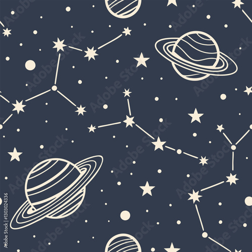 Seamless pattern with planets, constellations and stars in a dark blue space background, simple vector illustration