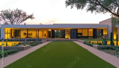Modern Residential Home and Garden at Sunset
