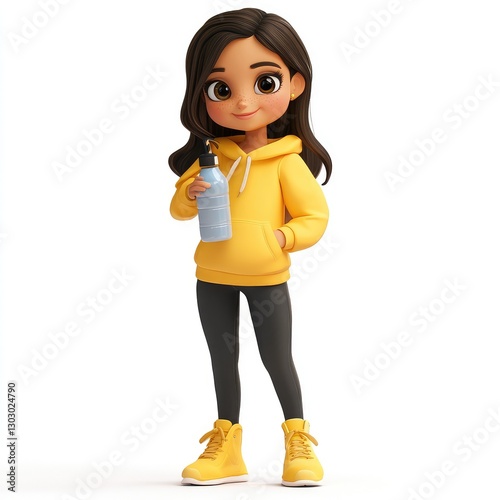 girl cartoon holding water bottle in her hand white background