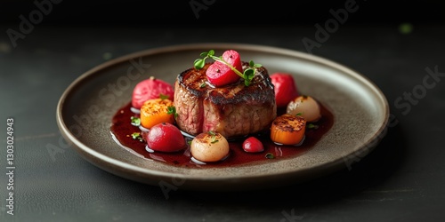 beautifully served steak on a brown plate