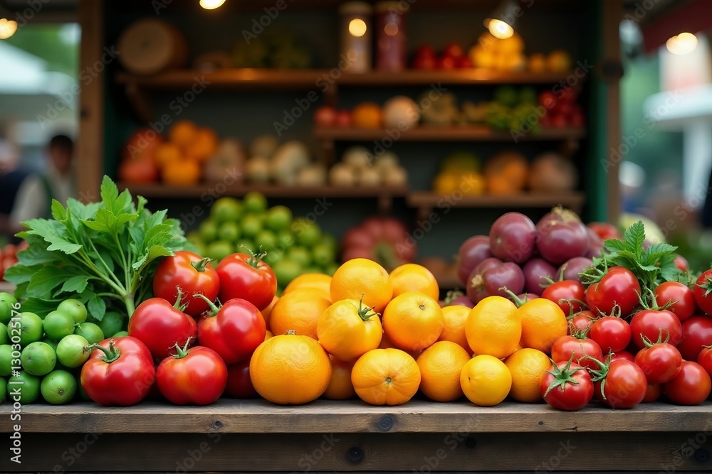 Rustic wooden trade stand with fresh produce at farmers market, vegetables, market, organic Rustic wooden trade stand with fresh produce at farmers market, vegetables, market, organic