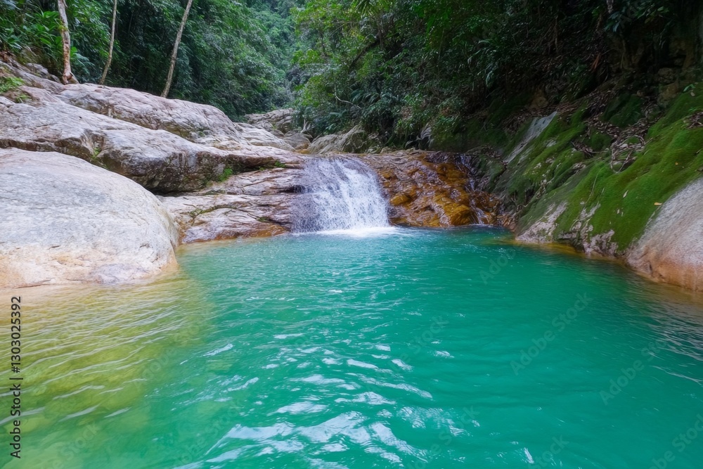 Naklejka premium A rainforest waterfall surrounded by dense vegetation, cascading into a hidden pool