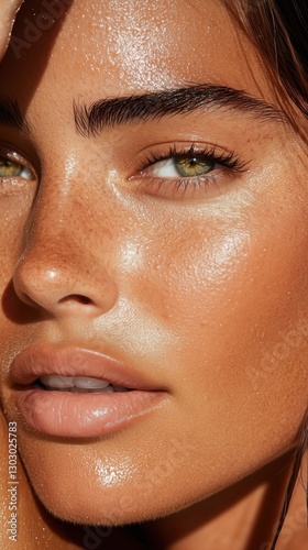 Beautiful model showcasing radiant skin with freckles and natural makeup under warm sunlight