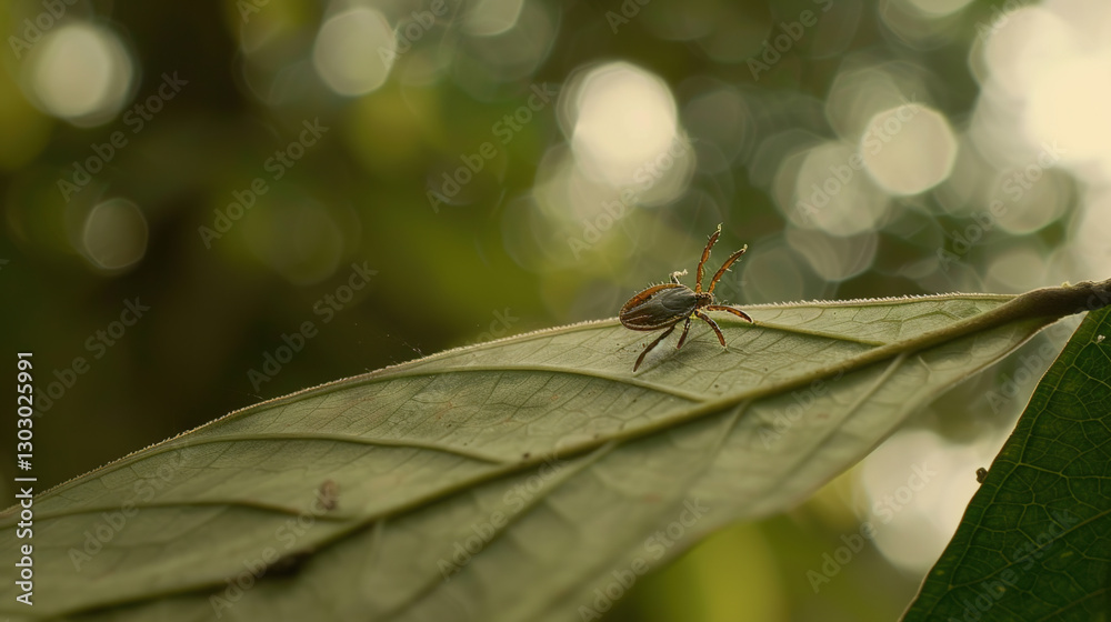 Close-up of a tick on a leaf in a green forest, representing the risk of tick-borne diseases and outdoor health hazards in nature. Close-up of a tick on a leaf in a green forest, representing the risk of tick-borne diseases and outdoor health hazards in nature.