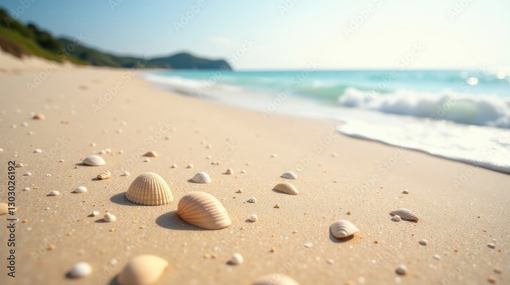 Seashells scattered on a sun-drenched beach, gentle waves lapping the shore, a serene coastal scene Seashells scattered on a sun-drenched beach, gentle waves lapping the shore, a serene coastal scene
