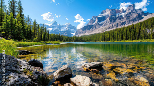serene lake surrounded by mountains and lush greenery, reflecting sky