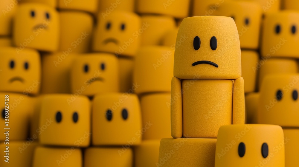 Yellow figures with sad faces, one stands out in focus. Yellow figures with sad faces, one stands out in focus.
