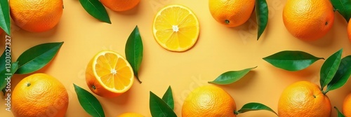 Seamless design of juicy oranges with green leaves, nutrition, vitamin C, natural