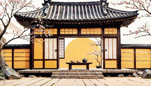 Cartoon Japanese house with tea set and sakura, warm colors, tranquil spring scene