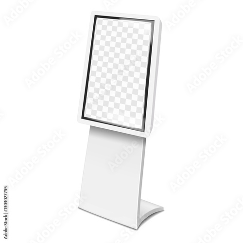 Vertical LCD monitor TV stand. 3d mockup. Video display banner or interactive touchscreen self-service kiosk with transparent LED screen on metal base. Realistic vector mock-up. Easy editable template
