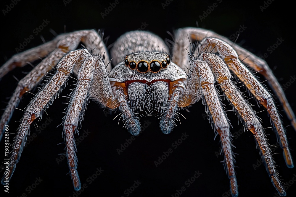 Macro close-up of a jumping spider with detailed focus on eyes and legs against a dark background Macro close-up of a jumping spider with detailed focus on eyes and legs against a dark background