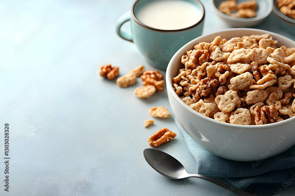 Bowl Of Cereal With Walnuts And Milk