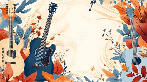 Bohemian flat illustration background for International Guitars Month, featuring hand-drawn acoustic and electric guitars with intricate floral and paisley patterns, surrounded by abstract musical wav