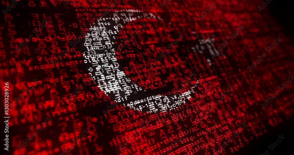 Turkey USA flag waving secure code. Turkish blowing banner cyber security attack and hack concept animation.
