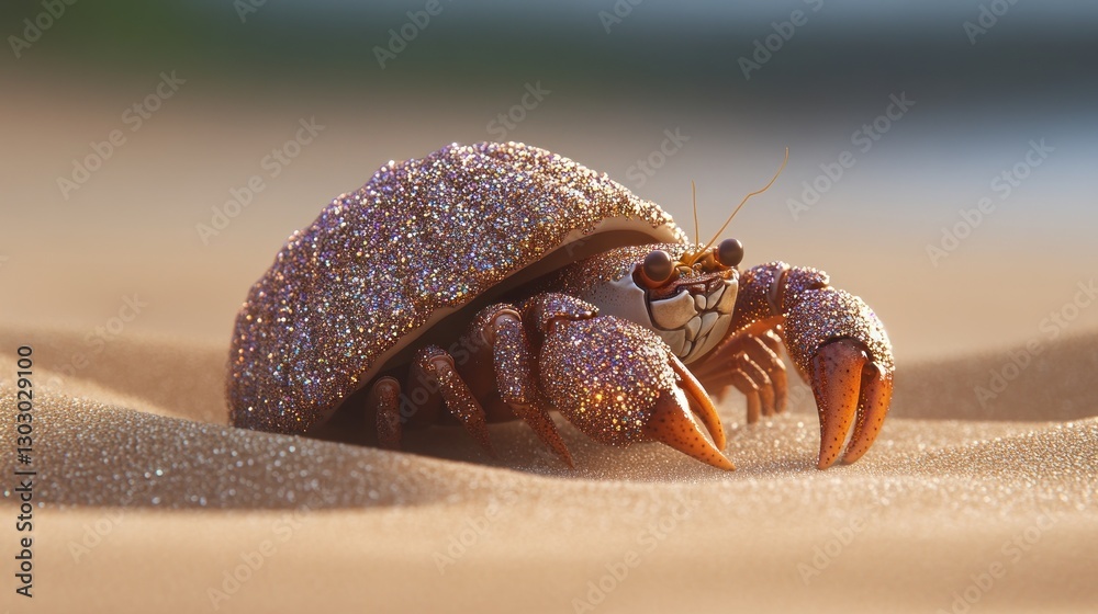 A sparkling hermit crab resting on sandy beach. A sparkling hermit crab resting on sandy beach.