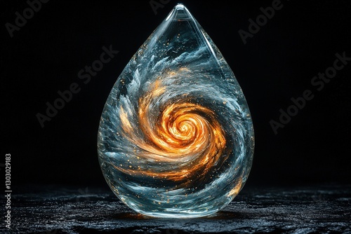 Cosmic vortex encased in glass: stellar spiral captured in teardrop art sculpture