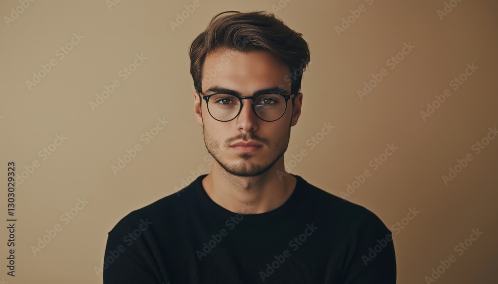 Focused Determination: Handsome Man In Black Jumper And Glasses Stares Assertively At Camera With Calm Concentration On Beige Background. Focused Determination: Handsome Man In Black Jumper And Glasses Stares Assertively At Camera With Calm Concentration On Beige Background.