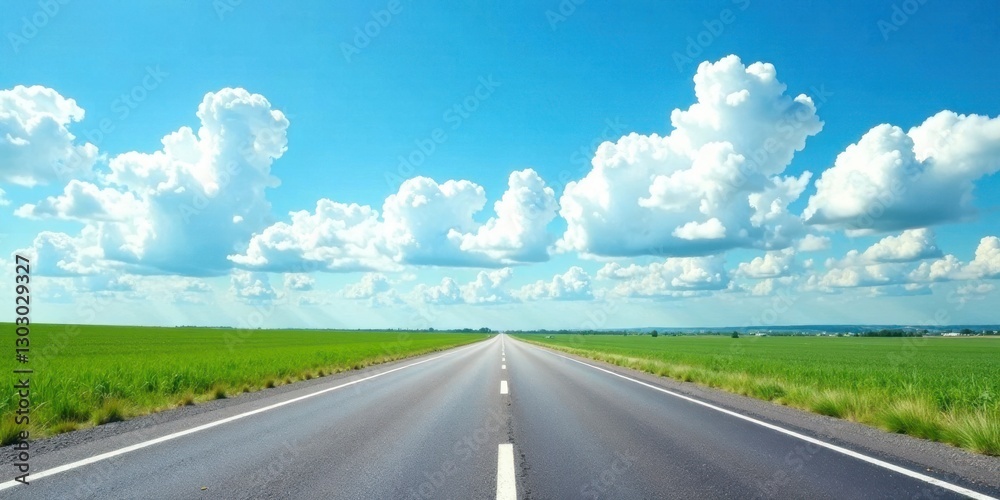Asphalt Road Cutting Through Lush Green Fields Under a Summer Sky with Puffy White Clouds, A Scenic Drive on a Sunny Day Asphalt Road Cutting Through Lush Green Fields Under a Summer Sky with Puffy White Clouds, A Scenic Drive on a Sunny Day