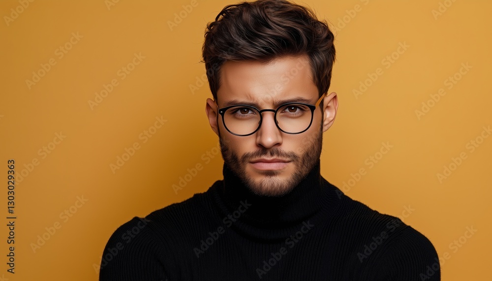 Focused Determination: Handsome Man In Black Jumper And Glasses Displays Assertive, Calm Concentration As He Gazes Intensely At Camera. Focused Determination: Handsome Man In Black Jumper And Glasses Displays Assertive, Calm Concentration As He Gazes Intensely At Camera.