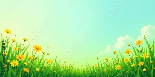 Serene Meadow Landscape Vibrant Yellow Flowers Blooming in Lush Green Grass Under a Soft, Pastel Sky