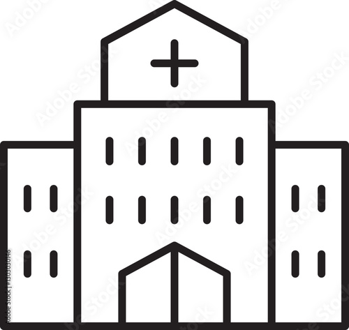 Building with a cross symbol on top line icon