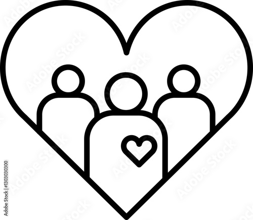 Heart symbol with three people figures inside line icon