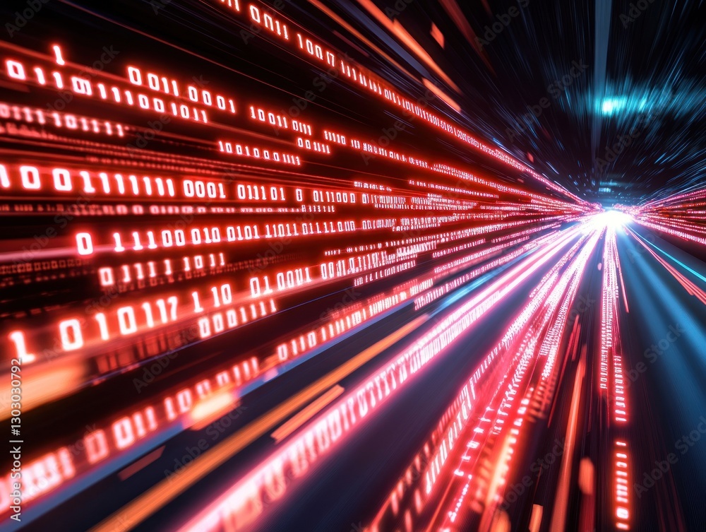 Obraz premium A dynamic abstract representation of binary data streams in vibrant red and blue hues, illustrating the concept of digital information flow in a technological environment
