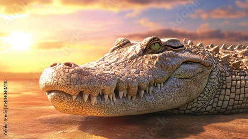 Crocodile at Sunset on Sandy Riverbank