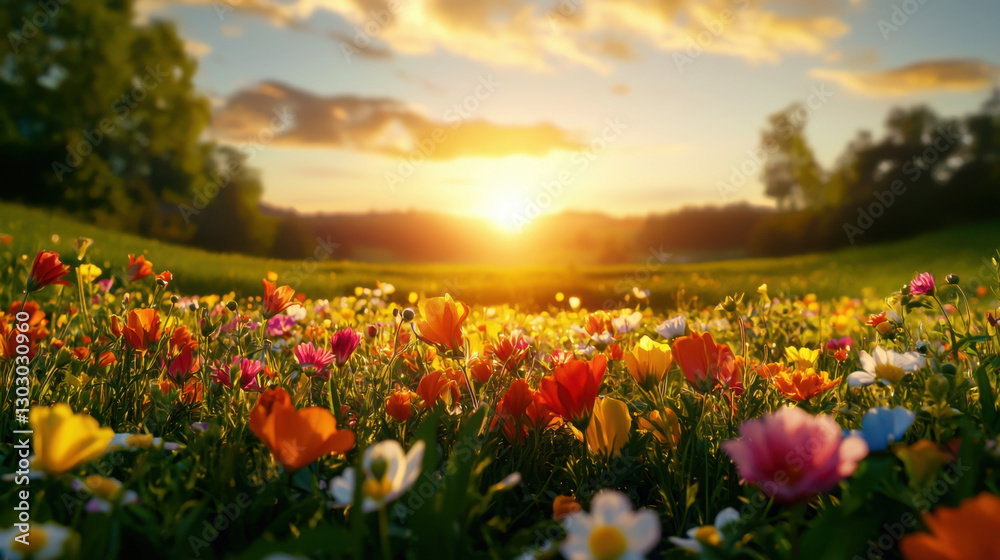 Obraz premium soft golden glow of sunrise over vibrant field of flowers, creating serene and uplifting atmosphere