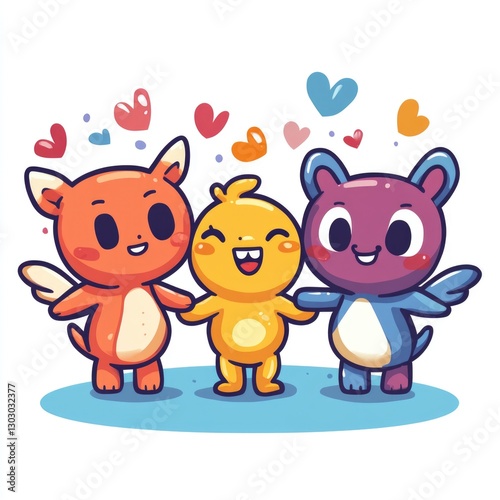 multiple mascots, trying to collaborate with each other, vector style isolated background