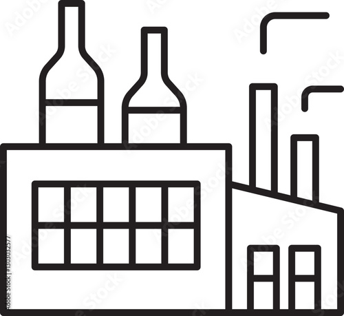 Factory building with smokestacks and bottles. line icon