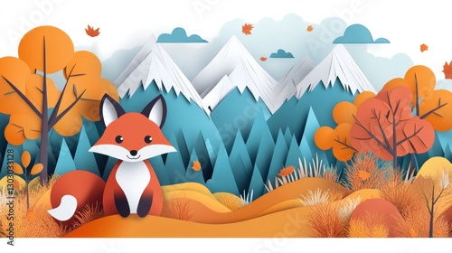 Paper art style of autumn landscape with happy fox sitting in a forest illustration