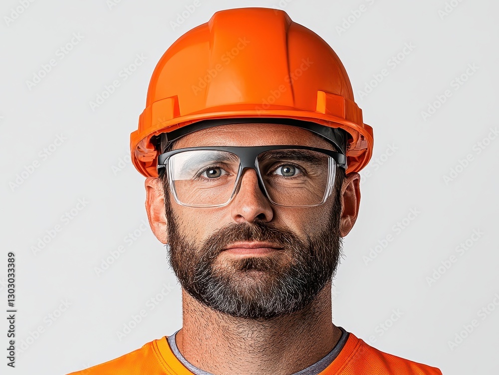 Construction worker wearing safety gear, focused expression, plain background Construction worker wearing safety gear, focused expression, plain background